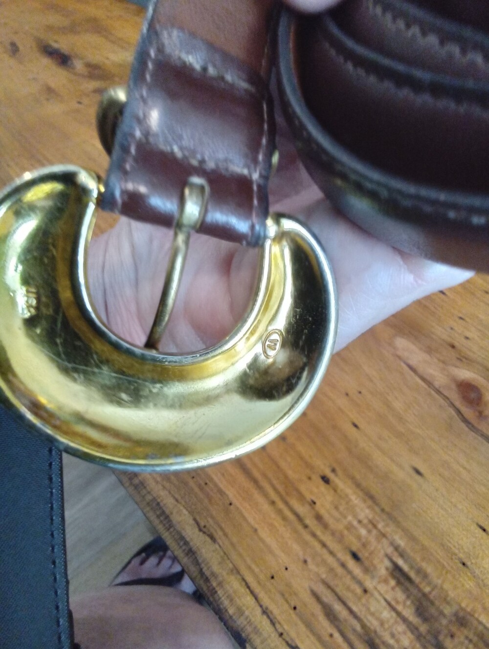 Vintage 1980's Dark Brown Leather XL Belt Wyatt Brass Organic Solid Oval Buckle - Picture 3 of 8